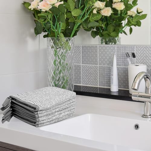 PHOGARY 6 Grey Bath Mitts Washcloths, Small Hand Towels with Hanging Loop, 5"x8" Super Absorbent Soft Coral Fleece Face Towels Kids Teens Adult Body Facial Cloths Machine Washable Cloth for Showering