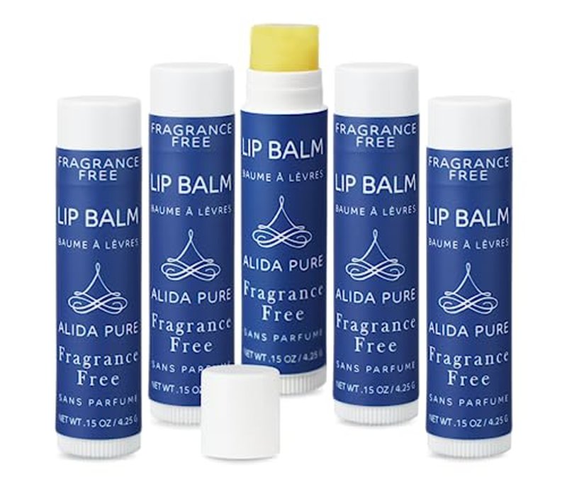 ALIDA PURE Fragrance Free Lip Balm, Vegan Lip Balm Set, Unscented, No Flavor, Beeswax Free, Organic Jojoba Oil, Avocado Oil, Vitamin E, Natural Moisturizer for Dry, Chapped, or Cracked Lips 5 Tube Set