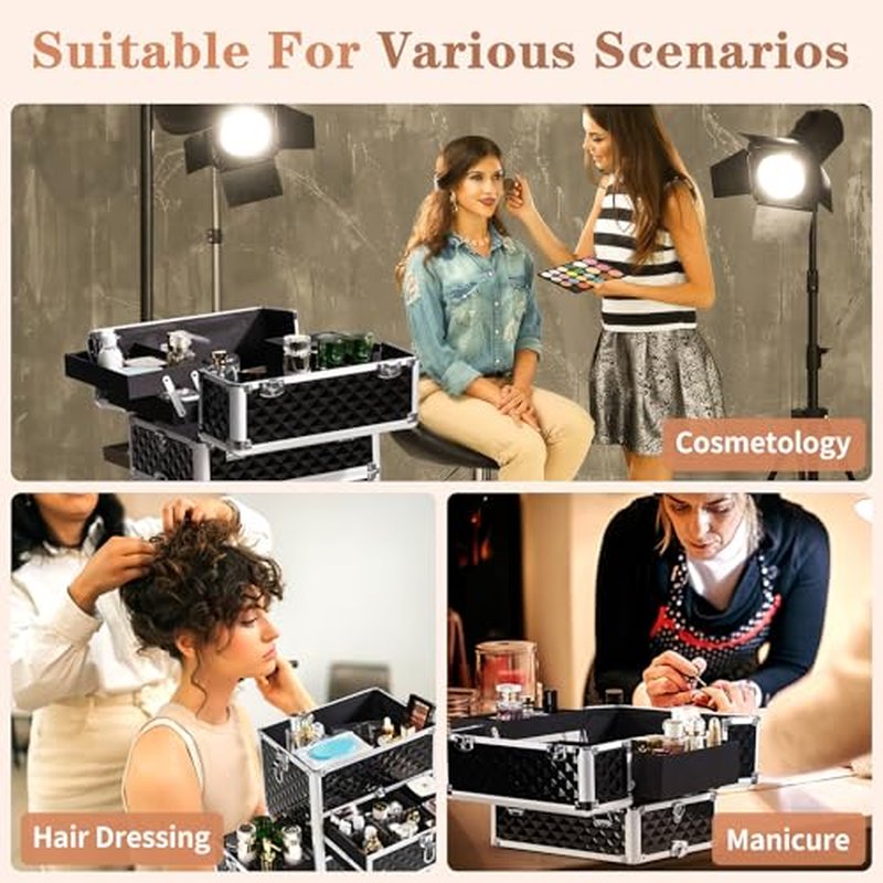 Imseigo 2-In-1 Makeup Train Case Large Storage, Detachable Universal Wheels, Portable Aluminum Cosmetic Trolley, Makeup Travel Case with Diamond Pattern Makeup Artists, Manicurists (Black)