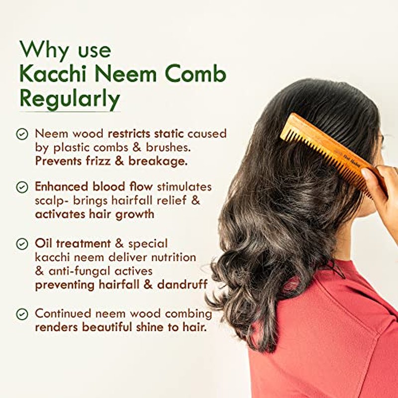 Nat Habit - Back To Natural Secrets Everyday Kacchi Neem Comb Treated With Neem Oil, Bhringraj & 17 Herbs (Dual Tooth) 18-20Cm Length Brown