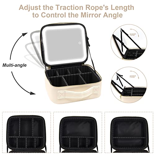 RRtide Travel Makeup Bag with Mirror of LED Lighted, Makeup Train Case with Adjustable Dividers, Makeup Case with Mirror and Detachable 10x Magnifying Mirror