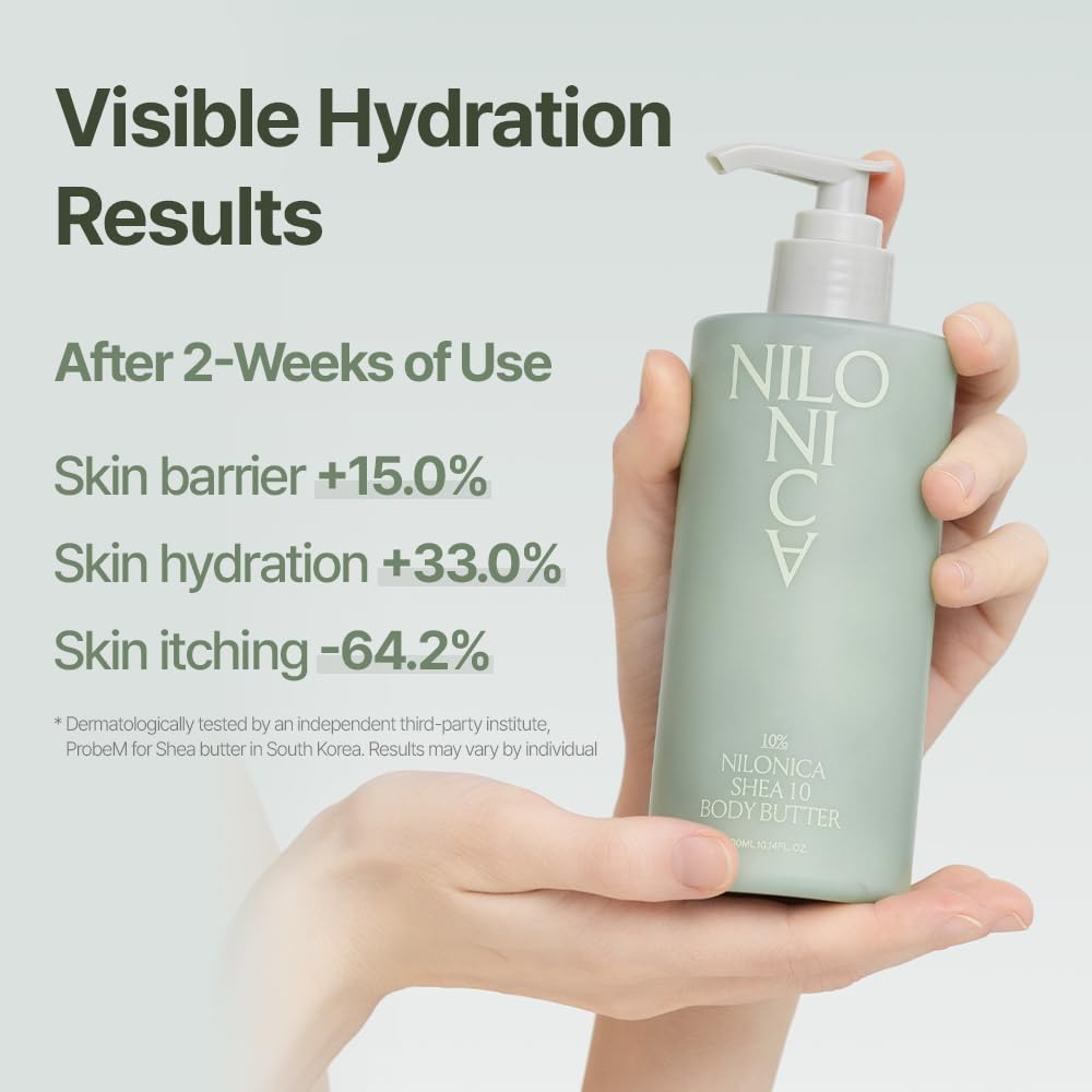 NILONICA Shea 10 Body Butter | 100,000ppm Organic Nilotica Shea Butter | Deep Hydration & Skin Barrier Support | Fast-Absorbing, Non-Greasy Daily Moisturizer | Korean Botanical Skincare | 10.14 Fl Oz