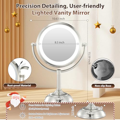 Professional 8.5" Large Lighted Makeup Mirror with Brighter Lights, 1X/10X True HD Magnifying Mirror with 3 Color Dimmable Lights, 80 Shadowless LEDs, 360°Swivel Seamless Vanity Mirror, Pearl Nickel