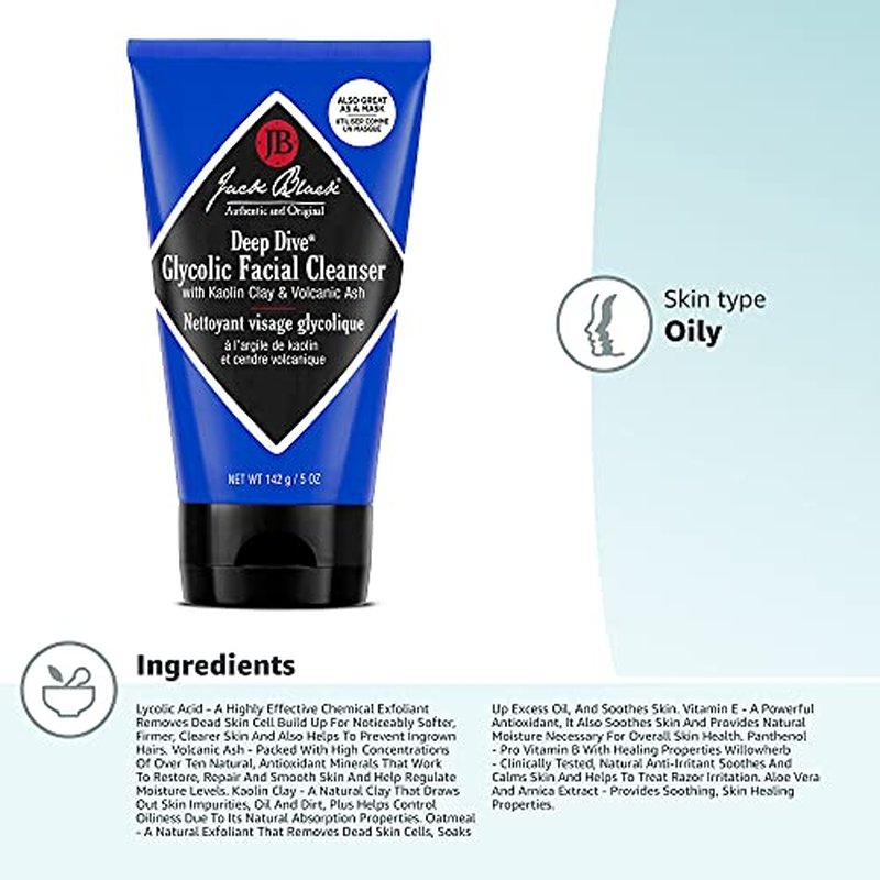 Jack Black - Deep Dive Glycolic Facial Cleanser, 5 Fl Oz – Clay-Based Cleanser, PureScience Formula, Facial Cleanser and Mask, Recommended for Normal, Dry, or Oily Skin, Glycolic Acid