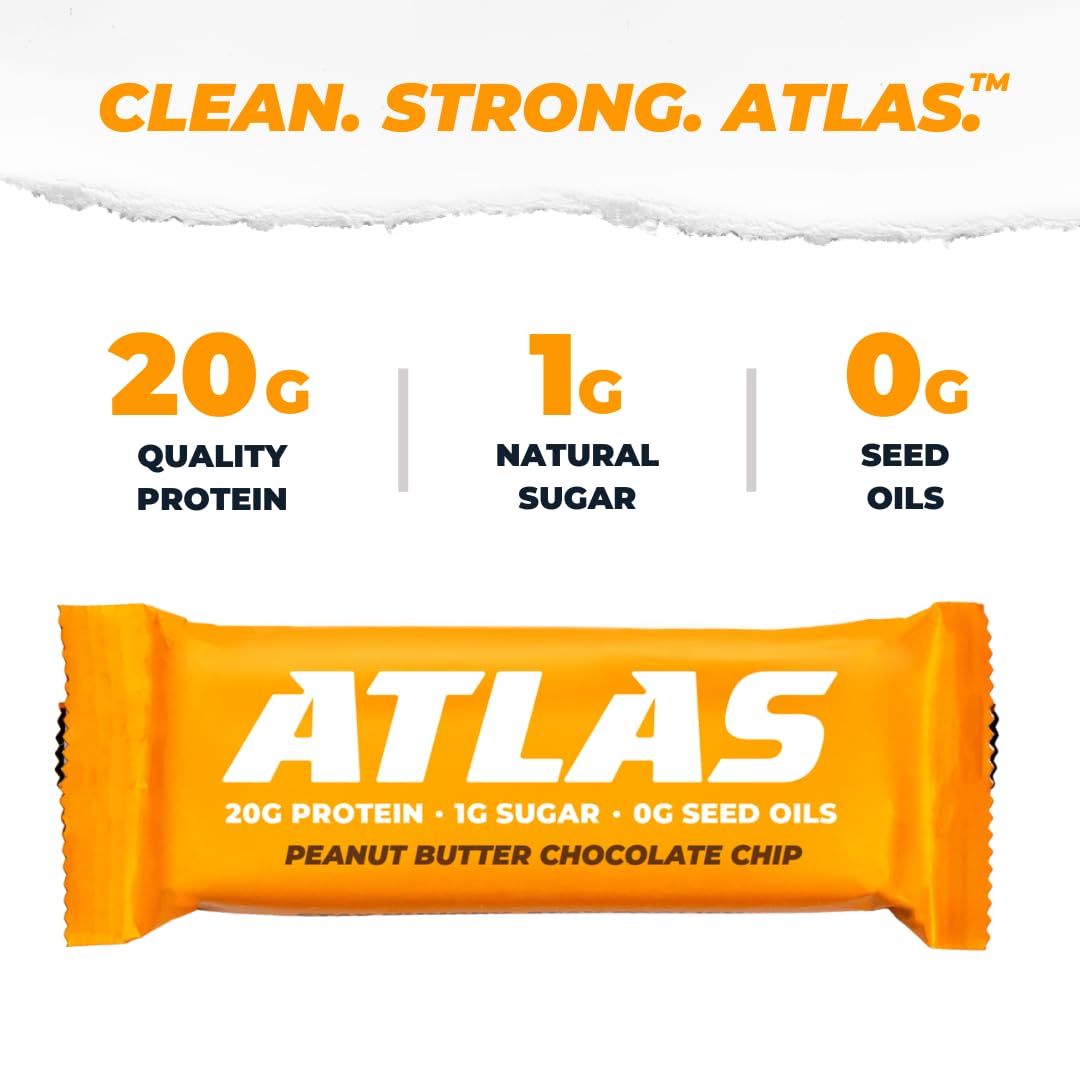 Atlas Real Food Protein Bar – 20g Protein, 10g Fiber, 1g Sugar, No Seed Oils, No Artificial Sweeteners (Variety, 4 Count)