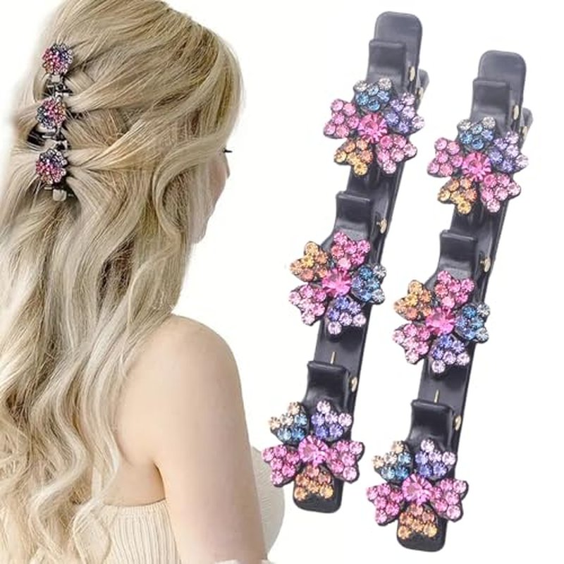 Sparkling Crystal Stone Braided Hair Clips, 2024 New Rhinestone Hair Clips Hair Braid Clips, Duck Bill Clips for Women Girls, Easily Braided Hair Clips Hair Bands Shiny Rhinestone Hair Clip (2Pcs A)