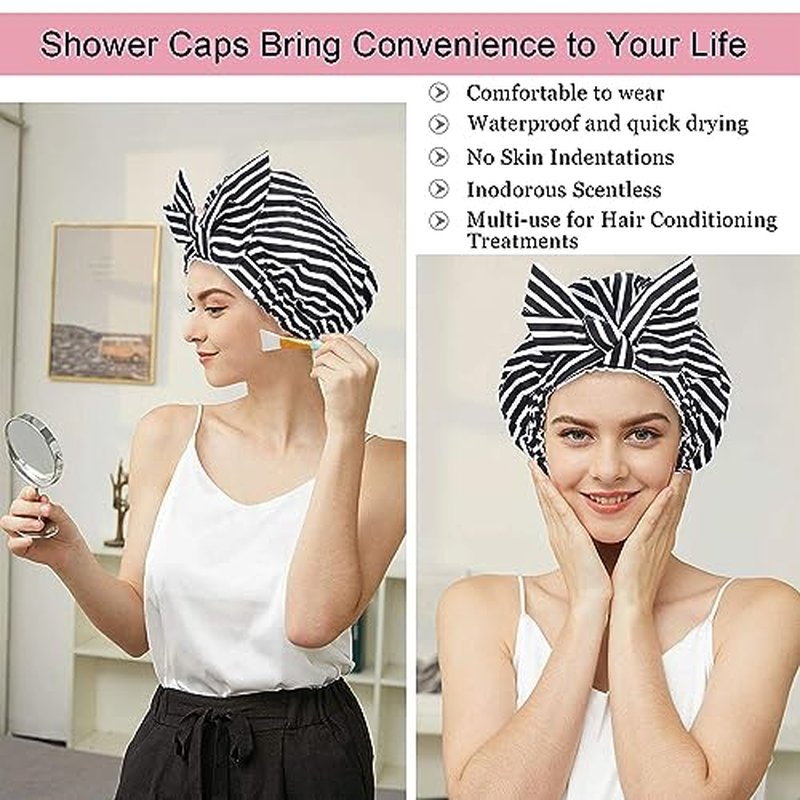 Luvruitaky Shower Cap Luxury Shower Caps for Women Reusable Waterproof Hair Cap for Shower with Adjustable Bowknot Hair Bath Cap (Black Stripe)