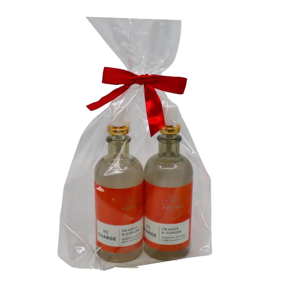 Bath & Body Works Aroma Recharge Orange & Ginger Essential Oil Mist 2-piece Gift Set with a Red Bow for Holiday - 5.3 fl oz Each