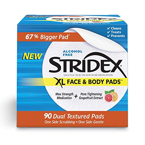 Stridex XL Face & Body Pads, 90 Count, Maximum Strength, Facial Cleansing Wipes, Alcohol-Free Face Pads, Acne Treatment for Face & Body, Dual Textured Pads, Smooth Application