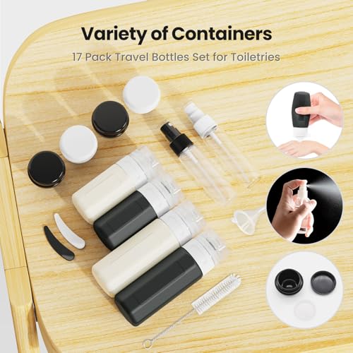 Ruinovate 17 Pack Travel Bottles for Toiletries, TSA Approved Travel Size Toiletries Bottles, Leak Proof Travel Size Containers, Travel Essentials for Body Wash, Shampoo, Lotion & Conditioner Black