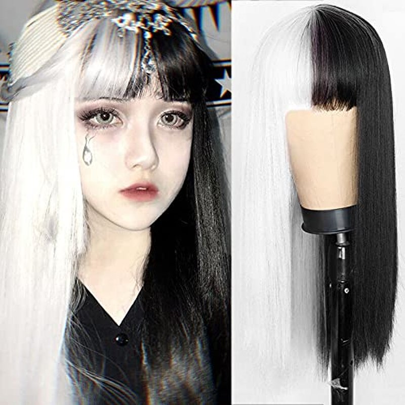 Kaneles Long Straight White and Black Wigs with Bangs for Women Natural Wigs for Cosplay Halloween Cosplay Costume Wigs
