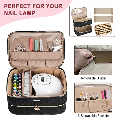 Jaffzora Nail Polish Organizer Case, Double Layers Nail Organizers and Storage, Holds 40 Bottles Gel Nail Polish&Nail Lamp, Travel Nail Supplies Carrying Bag for Nail Art Tech & Manicure Tools,Black