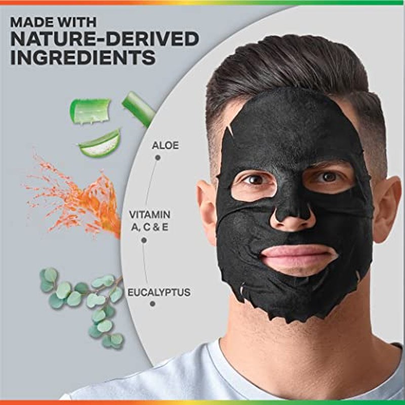 ODB for MEN Charcoal Essence Sheet Mask for Bearded Men 24 PK Hydrating Aloe & Purifying Vitamin Facial Mask for men with beards Mens Skin Care Sheet Masks for Face Mens Skin Care Kit Bulk Face Masks