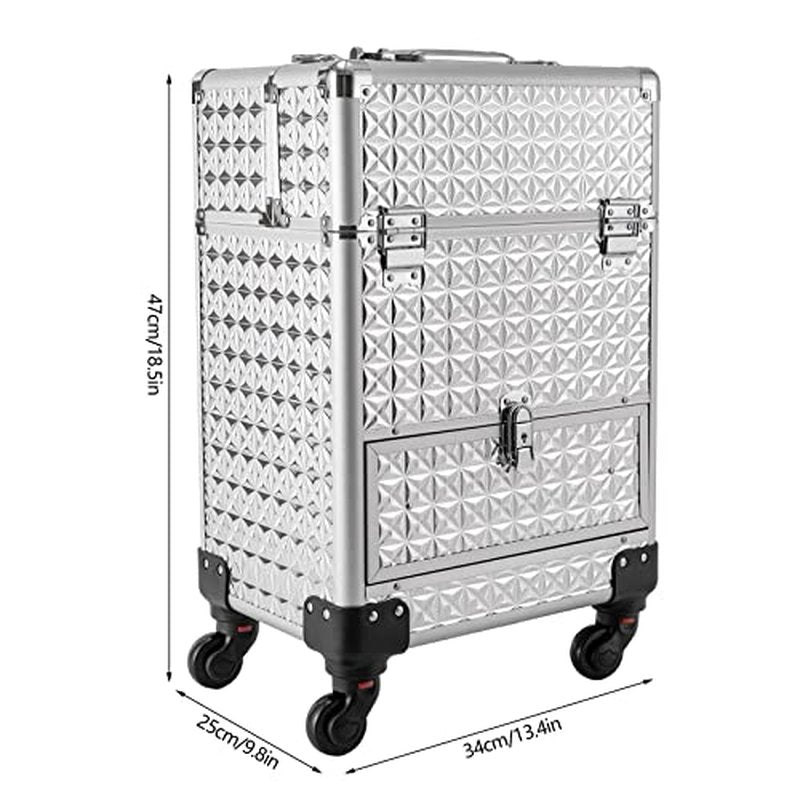 Rolling Makeup Train Case with Drawers, Cosmetic Travel Trolley, Storage Sliding Drawer 4 Tray Cosmetics Beauty Organizer Lockable Luggage Trolley (Silver)