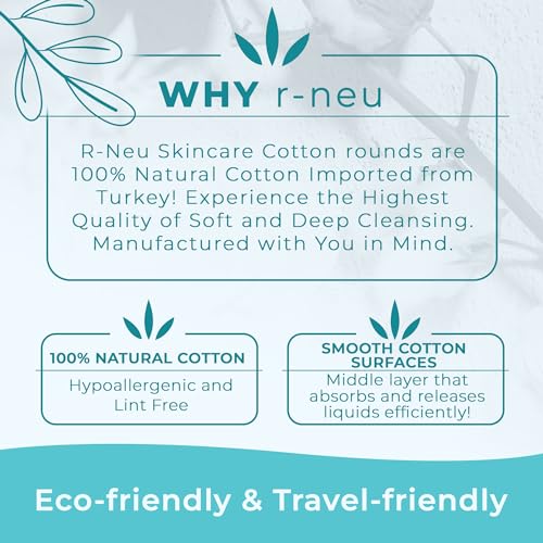 R-Neu Premium [Turkish] Cotton Rounds, 400 Count, Stitched, Waffle Textured, 100% Pure & Natural Cotton Pads for Face, Hypoallergenic Makeup Remover (4 Pack of 100)
