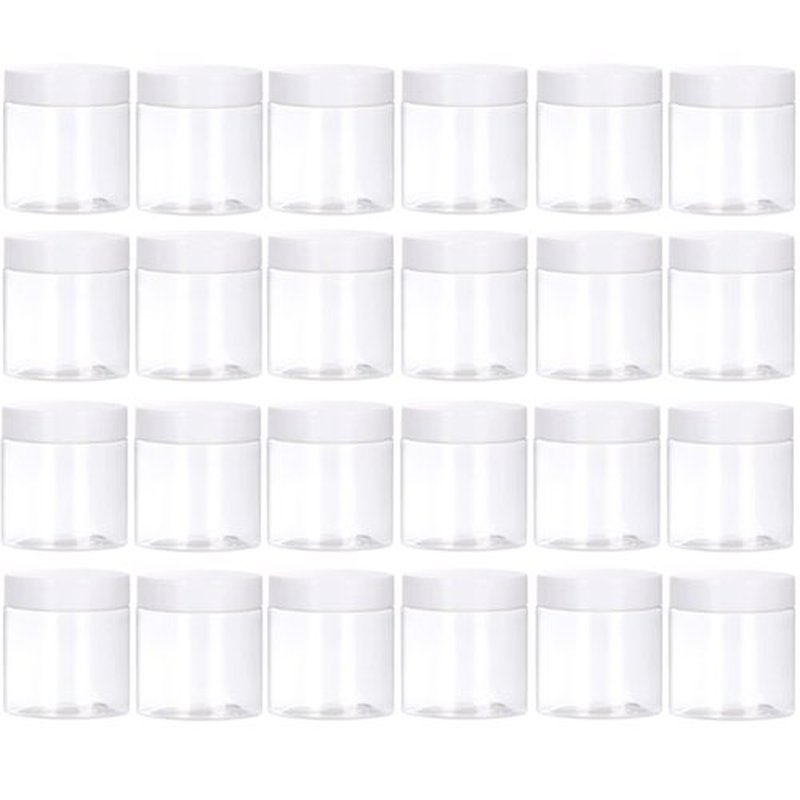 TUZAZO 2 OZ Plastic Jars Round Clear Cosmetic Container Jars with Lids and Labels, 24 Pack Small Plastic Jars for Lotion, Cream, Ointments, Makeup, Glitters, Samples, Travel Storage