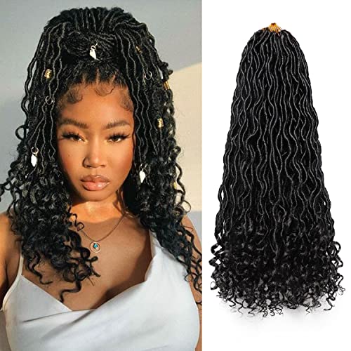 Goddess Locs Crochet Hair 6 Packs 14 Inch Wavy Curly Faux Locs Crochet Hair Pre Looped Crochet Synthetic Braids Hair With Curly Ends Crochet Faux Locs Hair for Black Women(14Inch, 6 Packs 1B)