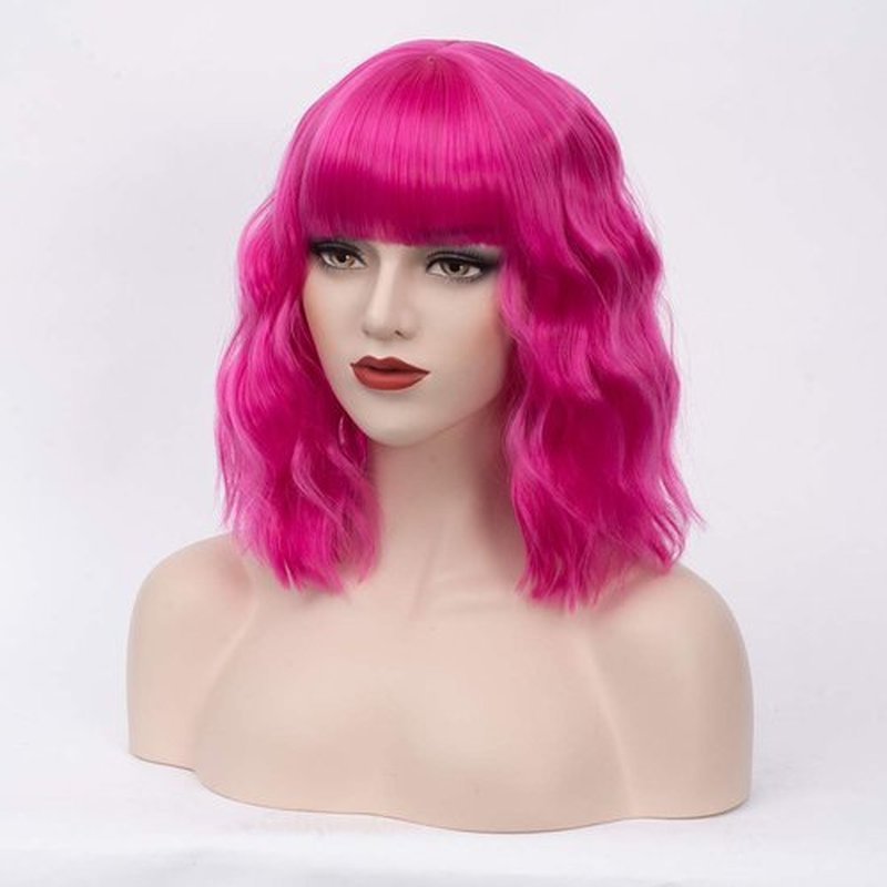BUFASHION 14" Women Short Wavy Curly Wig Dark Pink Bob Wig Cosplay Halloween Synthetic Wigs With Neat Bang Wig With Free Wig Cap (Dark Pink 1)