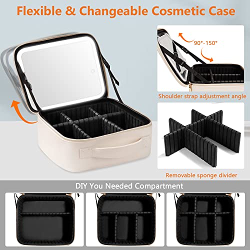 PEEH Makeup Bag with Lighted Mirror, Travel Make up Train Case with Adjustable Brightness Vanity Mirror and Detachable 10x Magnifying Mirror (Beige Clover)