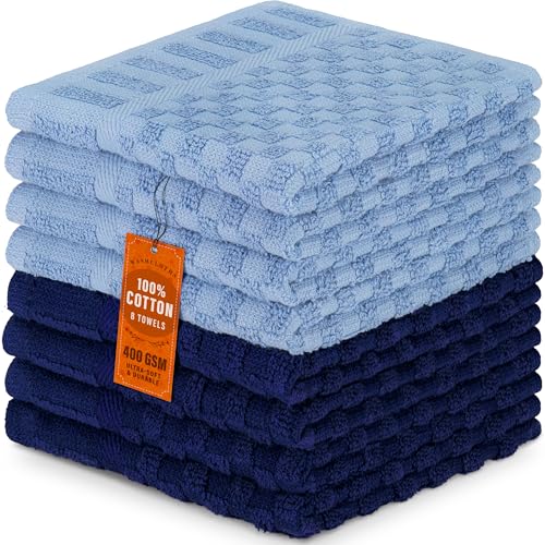 DecorRack 8 Pack 100% Cotton Wash Cloth, Luxurious Soft, 12 x 12 inch Ultra Absorbent Jacquard Towels, Machine Washable Washcloths, Blue Set (8 Pack)