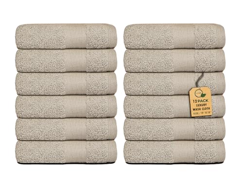 Premium Wash Cloths Pack of 12 (13" x 13" Inches)- 100% Combed Ring Spun Cotton WashCloth - Luxury Washcloths – Ultra Soft Face Towels - Highly Absorbent Wash Cloth for Face (Grey) (Taupe)