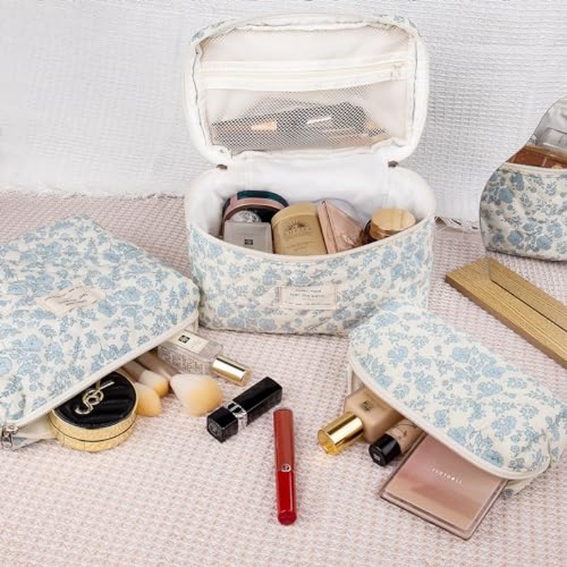 Makeup Bag Set, Quilted Makeup Bag, Large Floral Cosmetic Bag for Women, Cute Cotton Makeup Bags, Flower Travel Toiletry Organizer Bag (South Twigs Flower)