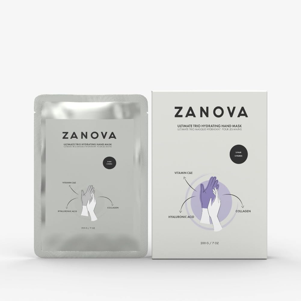 ZANOVA Collagen Treatment Hand Mask - Hyaluronic Acid, Vitamin C & E, for Skin Picking and Nail Biting Damage - Formulated with Ultimate Trio to Soothe Sensitive and Damaged Hands (5 Pairs)