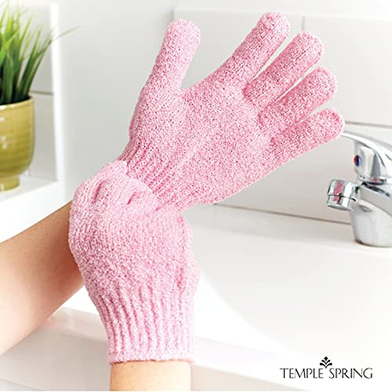 Temple Spring Exfoliating Gloves - Rayon Bamboo Bath/Shower Gloves, Bath Gloves for Shower Exfoliating and Ingrown Hair/Dead Skin Remover - Exfoliator Mitt Scrub Gloves - Pink