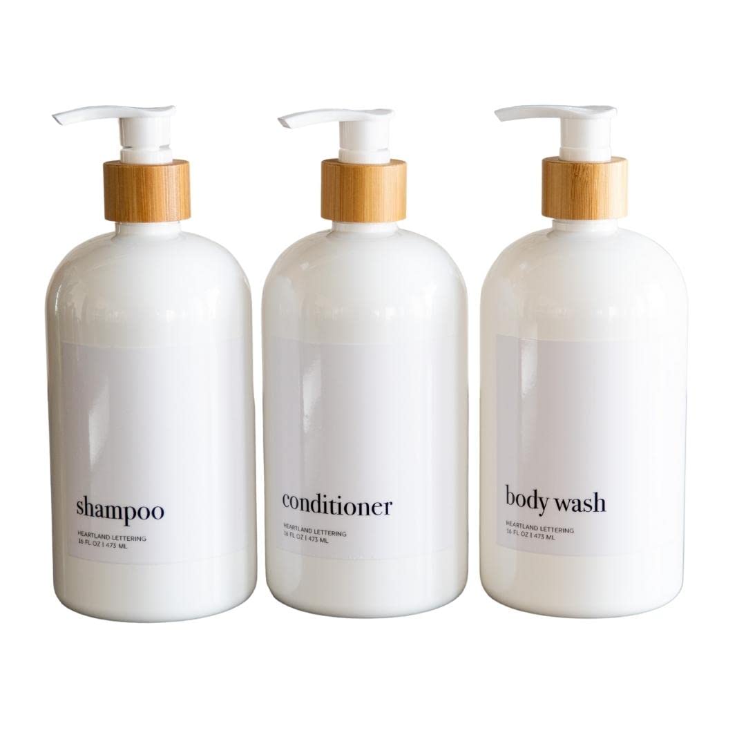Heartland Lettering Shampoo and Conditioner Dispenser - Modern Refillable Shower Soap Container Set of 3, Plastic Bottles with Waterproof Labels, White Empty Bottle & Bamboo Pumps