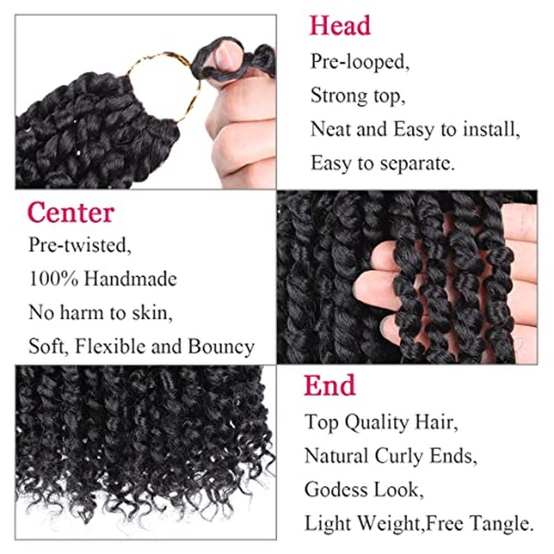 Leeven 8 Inch 8 Packs Pre-twisted Passion Twist Crochet Hair With Curls At The Ends Natural Black Pre-looped Short Bohemian Passion Twists Crochet Braiding Hair Extensions for Women 1B#