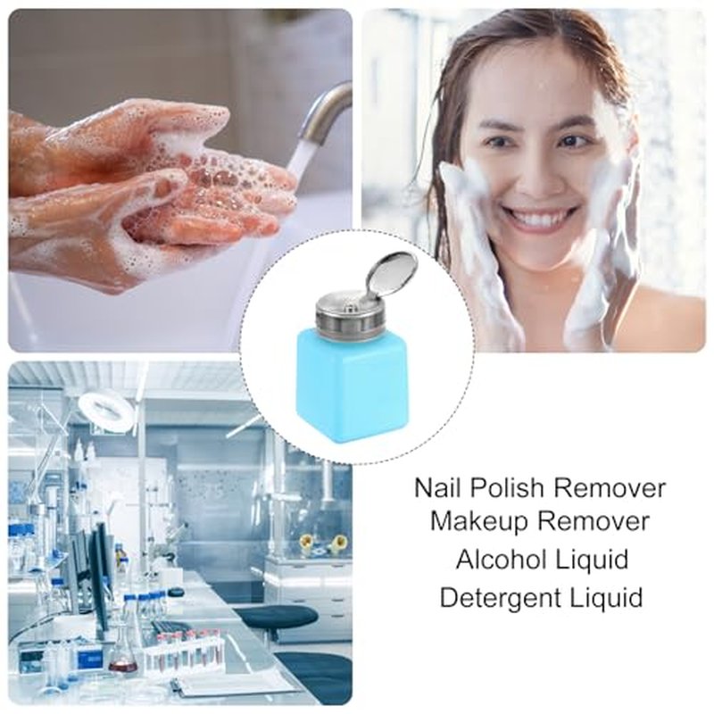 HARFINGTON 2pcs Solvent Alcohol Dispenser 120ml(4oz) Nail Polish Remover Push Down Liquid Dispenser Pump Bottle with Stainless Steel Press Head for Acetone Cleanser Polish Remover, Blue
