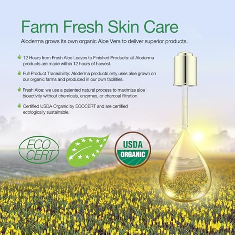 Aloderma 99% Organic Aloe Vera Gel Made within 12 Hours of Harvest - Lightweight, Non-Sticky Aloe Gel for Face Body, Hair, & Scalp, After Sun Relief, Natural, Soothing Hydrating Aloe Gel, 10.6oz