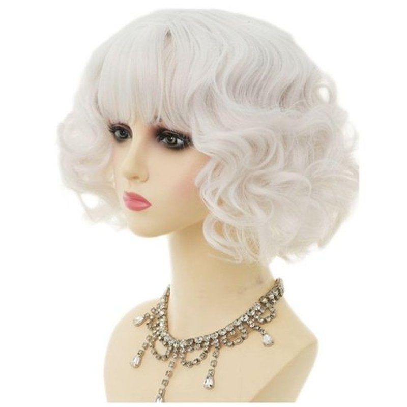 Dai Cloud Short White Bob Wig with Bangs for Women Synthetic Curly Natural Heat Resistant Fiber Hair Wig for Cosplay Daily Use