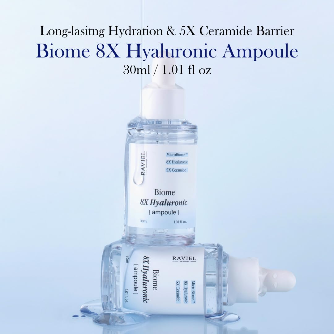 RAVIEL Biome 8X Hyaluronic Ampoule – Intensive Hydration & Pore Care Serum with 5X Ceramide for Dehydrated, Sensitive Skin, Korean Skincare, 30ml 1.01 fl oz