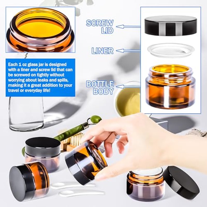 MotBach 6 Pack 1 oz Glass Jars with Lids 60ml Mini Round Clear Glass Jars with Inner Liners and Spatulas, Travel Size Containers Jars for Toiletries Creams Makeup Cosmetic Sample Lotion (Amber Lid)