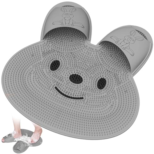 Manmihealth Extra-Large Shower Foot Scrubber Mat with Non-Slip Suction Cups, Rabbit-Shaped Silicone Foot Scrubber in Shower for Men & Women (Gray)