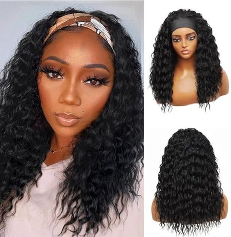 cuiud Headband Wig for Black Women 20Inch Black Curly Wavy Headband Wigs Water Wave Hair Wig Synthetic Black Wigs None Lace Front Wig (Natural Black 1B)