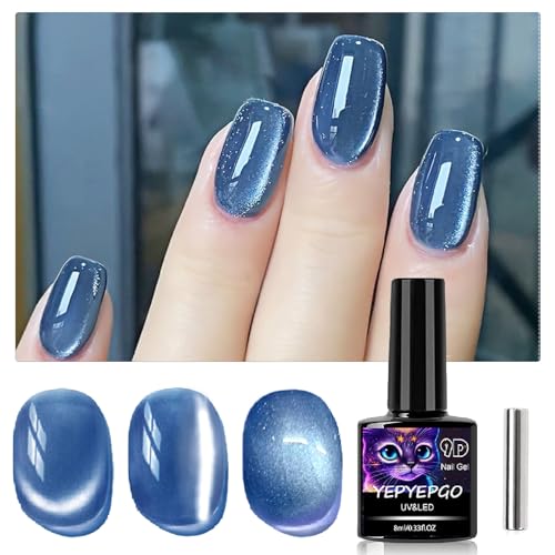 YEPYEPGO Moonlight Cat Eye Gel Nail Polish, Ceramic Jelly Cats Gel Polish with Magnet Stick, Magnetic Cat Eyes Gel Crystal Sock Off Nail Art DIY at Home- Shimmer Navy Blue