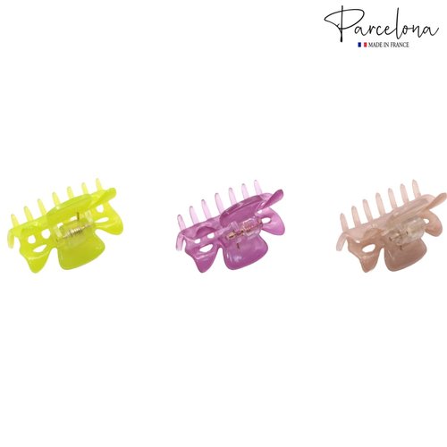 Parcelona French Classic Very Small 1 1/2" Claw Clips with Tight Spring Set of 3 Girls Hair Jaw Claw Clips Durable Styling Women Hair Accessories, Made in France (Lemon Green-Purple-Blush Pink)