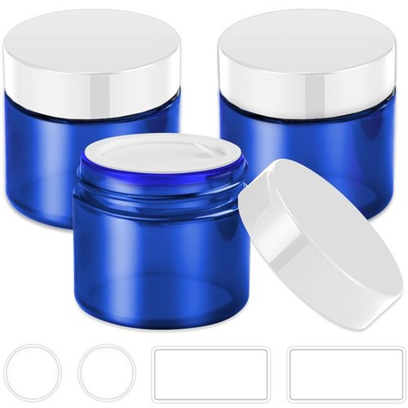 2 oz Glass Jars with Lids, Bumobum 3 pack Small Jar with White Lids, Blank Labels & Inner Liners, 60 ml Empty Round Cosmetic Containers for Sample, Powder, Cream, Lotion, Spice Cobalt Blue