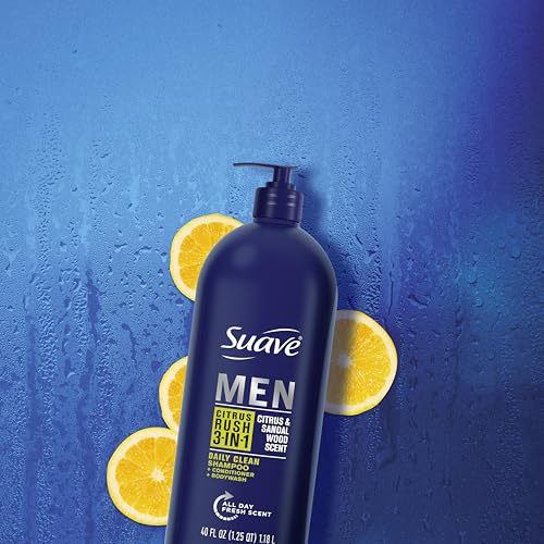 Suave Shampoo Conditioner Bodywash Men 3 in 1 Citrus & Sandal Wood to Cleanse and Nourish Hair and Skin, 40 oz Pack of 3