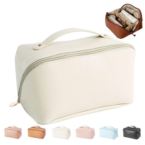 MINGRI Large Capacity Travel Cosmetic Bag for Women,Portable PU Leather Makeup Bag Water Resistant,Flat Open Multifunctional Storage Travel Toiletry Bag with Divider and Handle(White)