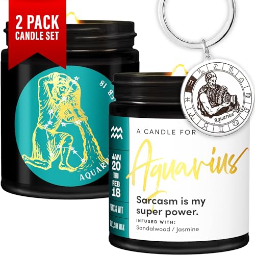 Wax & Wit Aquarius Birthday Candle Set - Zodiac Aquarius Gift, 2-Pack Soy Candles with Keychain, Perfect for January & February Birthdays - 9oz Each