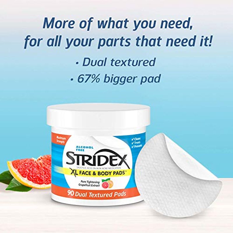 Stridex XL Face & Body Pads, 90 Count, Maximum Strength, Facial Cleansing Wipes, Alcohol-Free Face Pads, Acne Treatment for Face & Body, Dual Textured Pads, Smooth Application