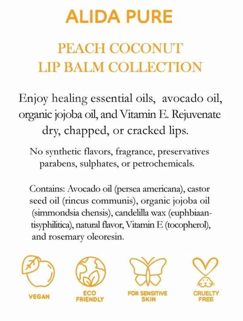 ALIDA PURE Peach Coconut Lip Balm Collection, Vegan Lip Balm Set, Lip Balm, Beeswax Free, with Avocado Oil, Organic Jojoba Oil, and Vitamin E, Natural Moisturizer for Dry, Chapped Lips, 3 Tube Set