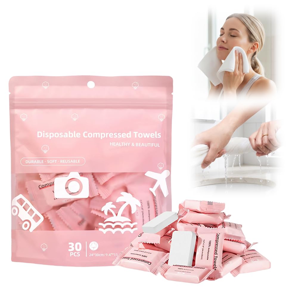 Compressed Towels, Disposable Face Towel, Compressed Towel Tablets, Portable Cotton Coin Tissues, Soft Thick Expandable Towels for Travel, Camping, Home, Outdoor, Gym, Makeup Removal (30, Pink)