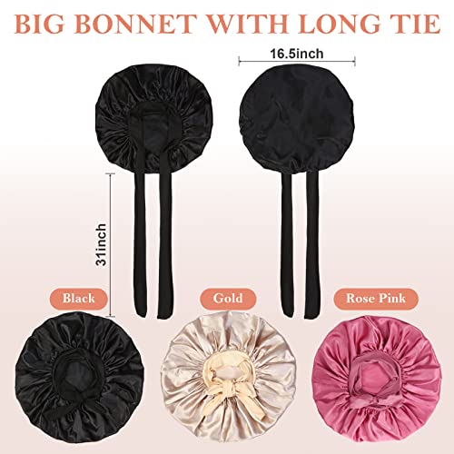 3Pcs Satin Silk Bonnet for Sleeping, Braids Hair Bonnets for Sleeping with Tie Band showercap(Black+Light Green+Dark Green)