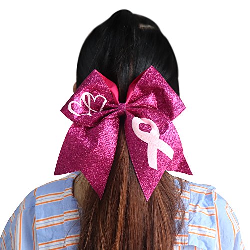 Subesty 7”Large Breast Cancer Awareness Girls Cheerleader Hair Bow Elastic Ponytail Holder For Cheerleader Girls Set Of 4