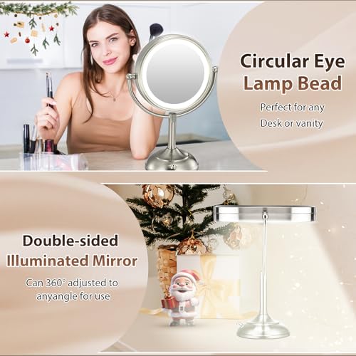 Professional 8.5" Large Lighted Makeup Mirror with Brighter Lights, 1X/10X True HD Magnifying Mirror with 3 Color Dimmable Lights, 80 Shadowless LEDs, 360°Swivel Seamless Vanity Mirror, Pearl Nickel