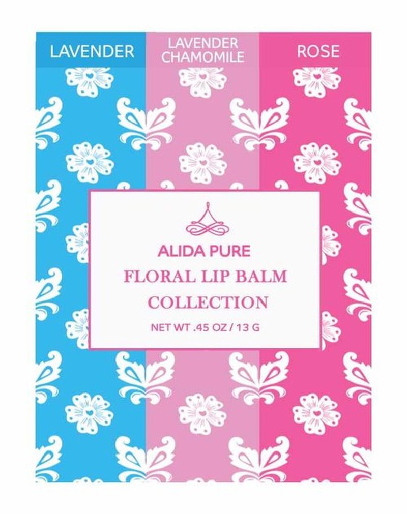 ALIDA PURE Floral Lip Balm Collection, Vegan Lip Balm Set, Beeswax Free, with Avocado Oil, Organic Jojoba Oil, and Vitamin E, Natural Moisturizer for Dry, Chapped or Cracked Lips, 3 Tube Set